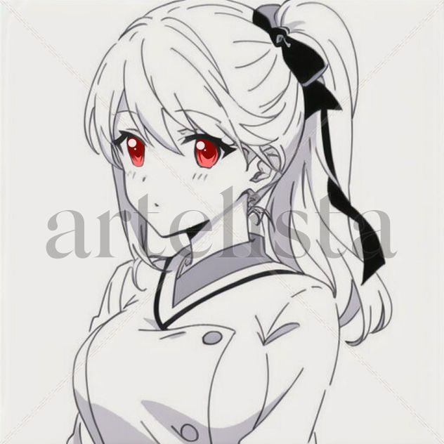 a girl with a ponytail and red eyes!!, manga style