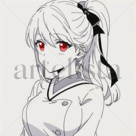 a girl with a ponytail and red eyes!!, manga style 