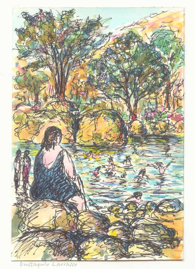 Contemplando a los bañístas Watercolour Card Landscaping