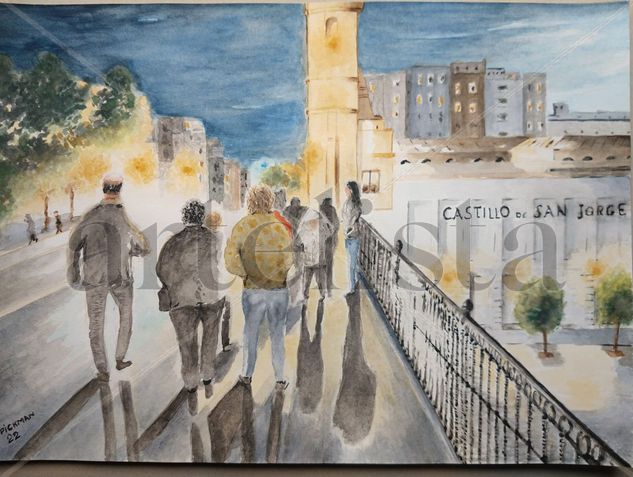 PASEO AL ATARDECER POR EL PUENTE DE tRIANA.SEVILLA Watercolour Paper Landscaping