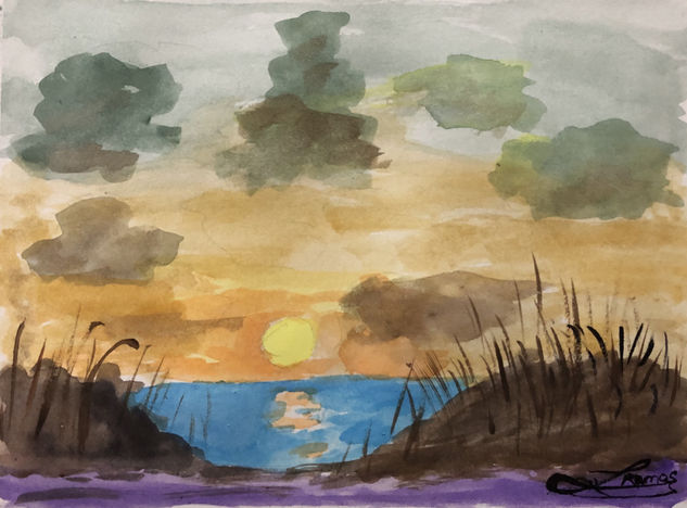 Atardecer nuboso Acuarela Papel Paisaje