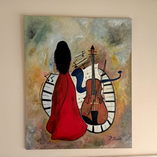 La chica y los instrumentos muzicales Acrylic Canvas Figure Painting