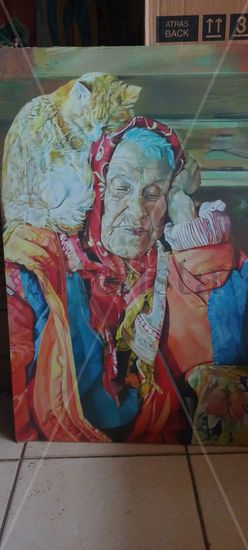 Vieja y gato Oil Textile Figure Painting