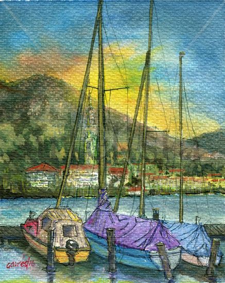 atardecer en Zurich Watercolour Card Marine Painting