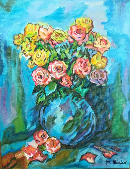 Jarron ,Con Rosas Oil Canvas Still Life Paintings