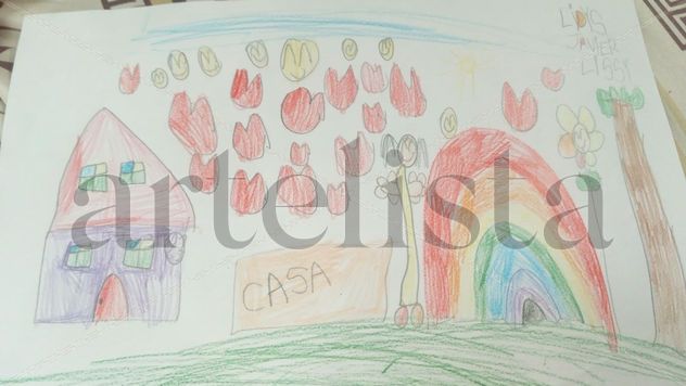 Dibujo de arcoiris, casa y corazones de una pequeña de 6 años