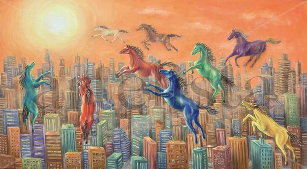 Caballos de la luz Óleo Lienzo Animales