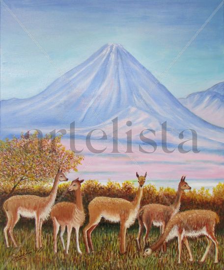 Vicuñas junto al volcán Licancabur. Óleo Lienzo Paisaje