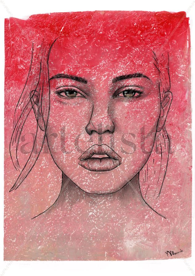 Rostro mujer rojo a lapiz, carboncillo y acrílico