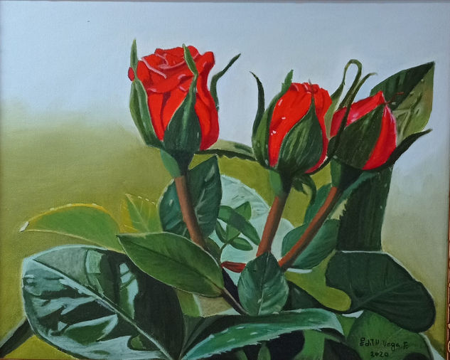 Tres rozas de Edith Vega . Oil Canvas Floral Painting