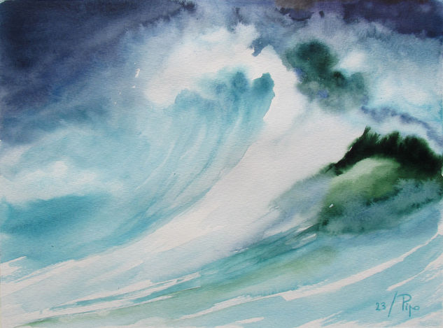 ola en la noche Watercolour Paper Marine Painting