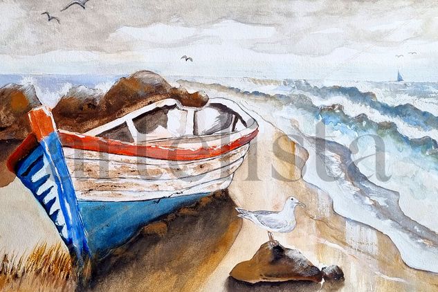 Vista de la Playa Watercolour Card Marine Painting