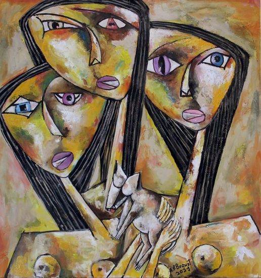 Tres mujeres con perro Acrylic Canvas Figure Painting