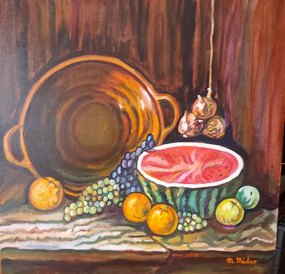 Bodegón con Sandia y Uvas Oil Panel Still Life Paintings