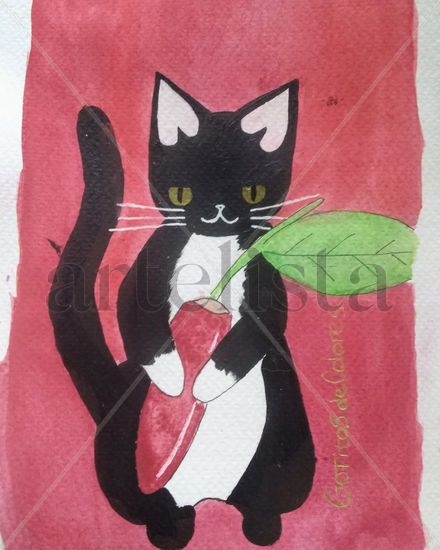 Gatito picante 🌶️ Acuarela Papel Animales