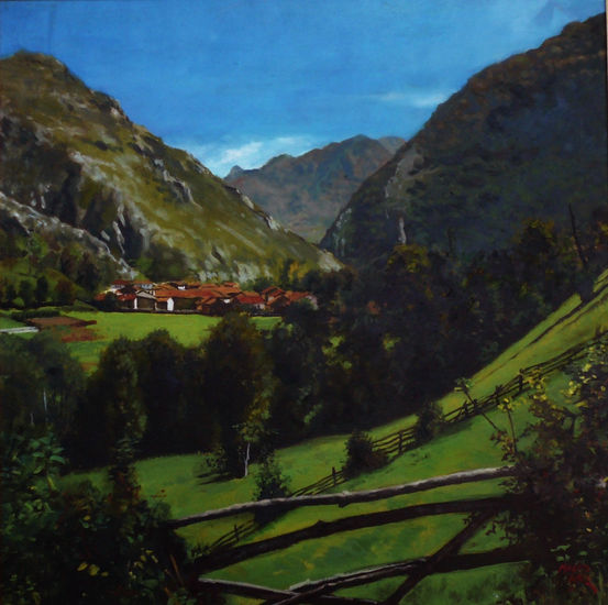 Pueblo junto a los Picos de Europa / Village next to the 'Picos de Europa' Oil Panel Landscaping