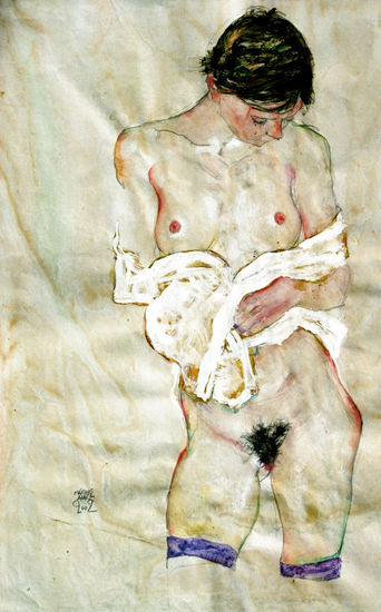 Mujer desnuda con paño blanco / Nude Woman with White Cloth Mixed media Paper Nude Paintings