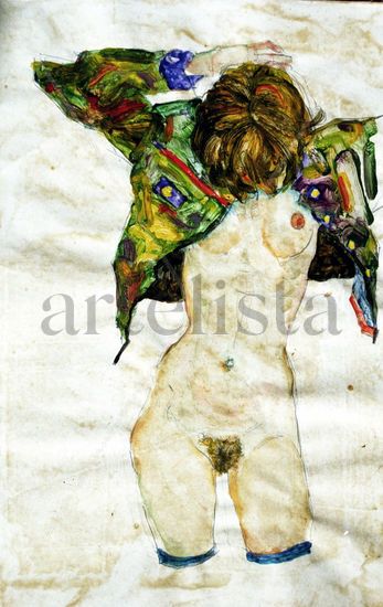 Mujer desnuda con chaqueta verde / Nude Woman with Green Jacket Mixed media Paper Nude Paintings