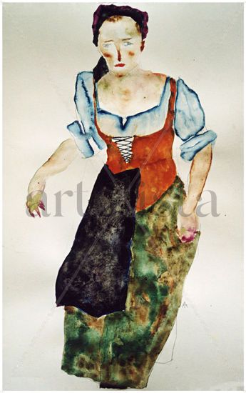 Aldeana asturiana en una feria (I) / Asturian Peasant Woman in a Folk Fair Mixed media Card Figure Painting