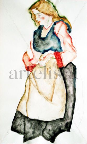 Mujer joven con traje de aldeana asturiano / Young Woman Wearing Asturian Peasant Dress Watercolour Card Figure Painting