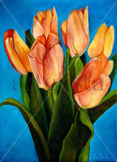 Tulipanes, Canvas Card, realista Óleo Papel Floral