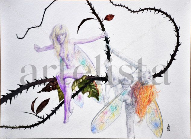 Dos hadas en una rama de zarzamora / Two Fairies on a blackberry branch Mixed media Paper Figure Painting