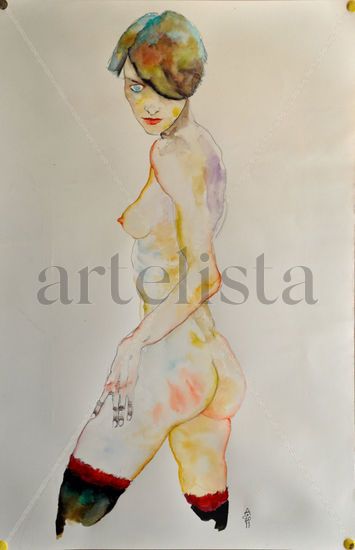 Mujer desnuda caminando / Naked Woman Walking Watercolour Card Nude Paintings