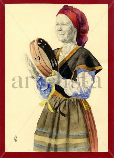 Mujer asturiana tocando la pandereta / Asturian Woman Playing the Tambourine Media Mixta Cartulina Figura