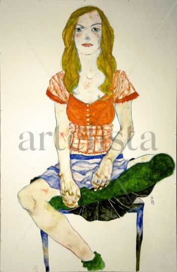 Mujer pelirroja sentada con medias verdes Mixed media Card Figure Painting