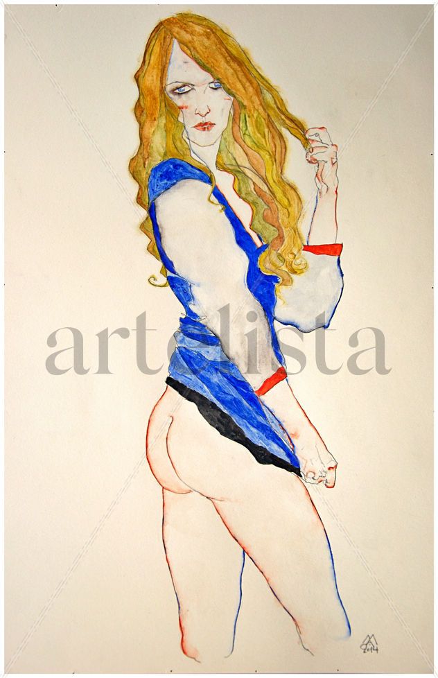 Mujer rubia de pie con camisa azulada / Standing Blonde Woman with Bluish Blouse