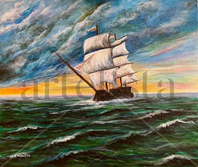 GALEÓN Y MAR VERDE Acrylic Canvas Marine Painting