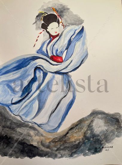 GEISHA ROCA Acuarela Papel Figura