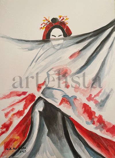 GEISHA VELO ROJO Acuarela Papel Figura