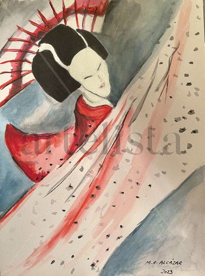 GEISHA VELO LUNARES Acuarela Papel Figura