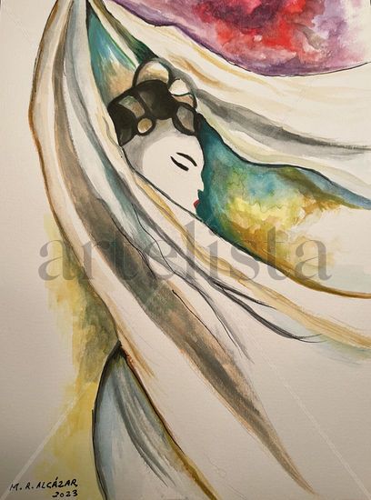 GEISHA VELO BLANCO Watercolour Paper Figure Painting