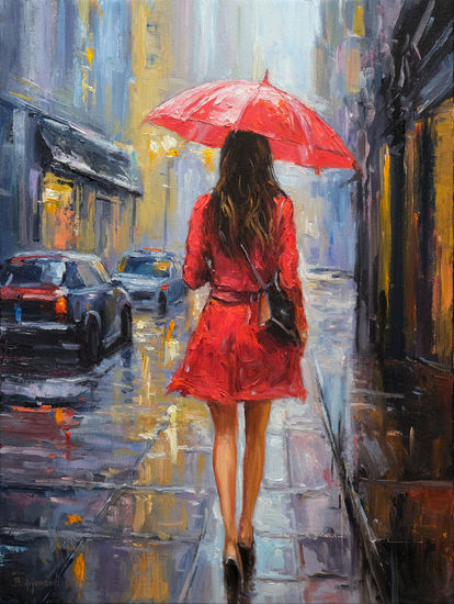 A Rainy Day Oil Canvas Figure Painting