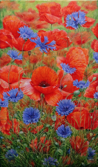 Anastasia Woron:"Amapolas con acianos"-Óleo Original Firmado (27x46 cm.) 2022 Oil Canvas Floral Painting