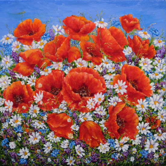 Anastasia Woron:"Amapolas En Hierbas Silvestres"-Óleo Original (35x35 cm.) 2022 Óleo Lienzo Floral