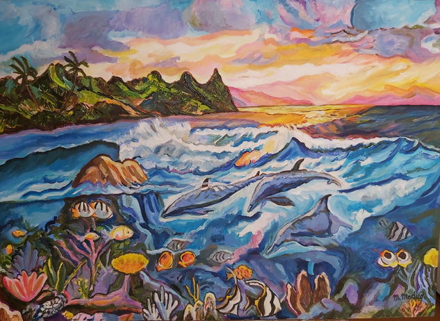 Mar Del Caribe,Delfines Oil Others Marine Painting