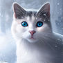 Gato blanco y gris bajo la nieve