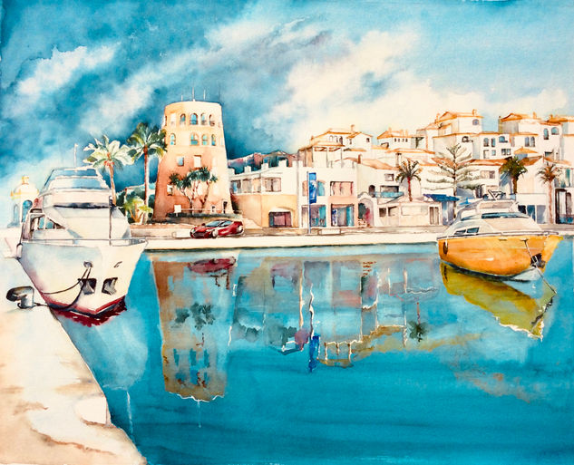 Puerto Banús en calma Watercolour Paper Marine Painting