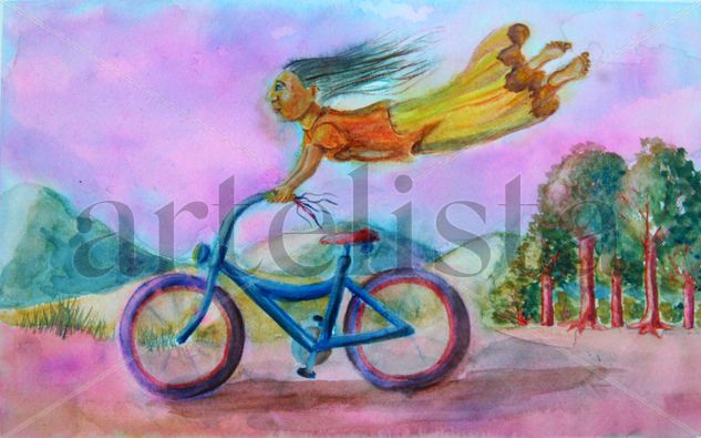 Volar en bicicleta I Acuarela Papel Figura