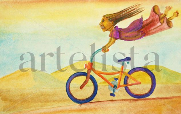 Volar en bicicleta II Acuarela Papel Figura