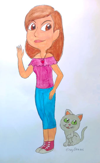 Chica y gato Watercolour Paper Figure Painting