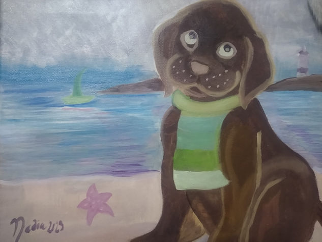 Chocolate dog and sea Oil Canvas Animals