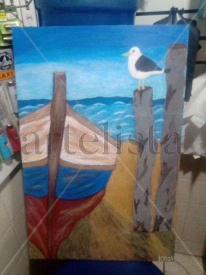 Pintura barco gaivota 