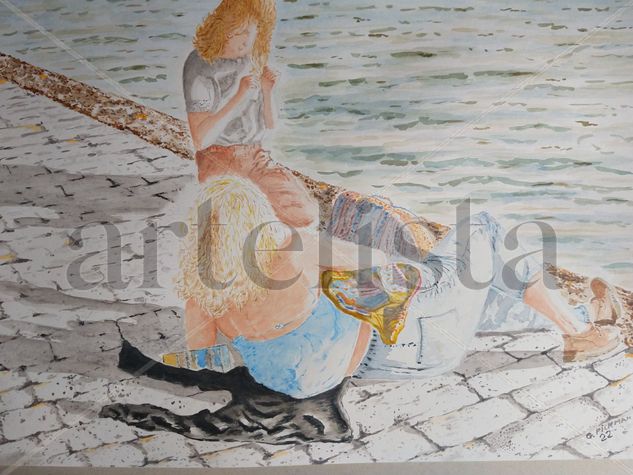 Al sol en los muelles Watercolour Paper Figure Painting