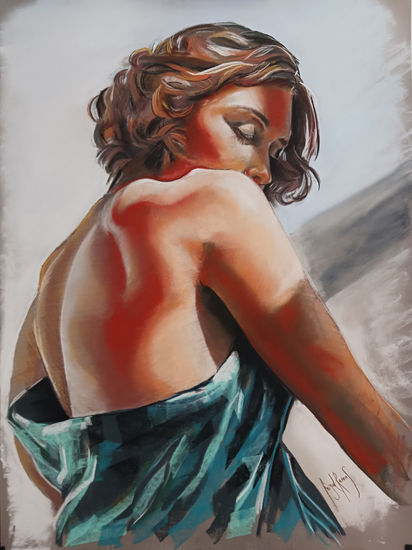 Mujer con vestido verde Pastel Paper Figure Painting