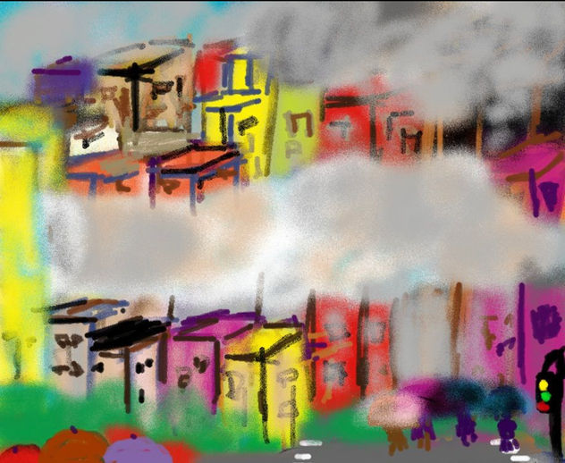 Ciudad bajo la lluvia pasajera