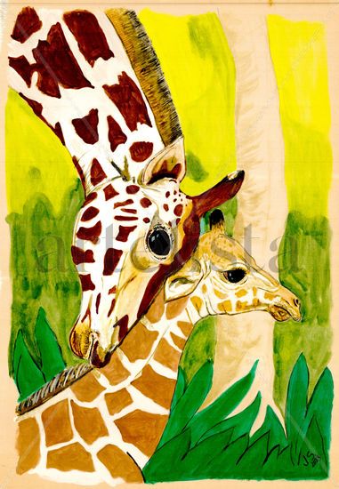 Jirafa con Cria. Watercolour Paper Animals